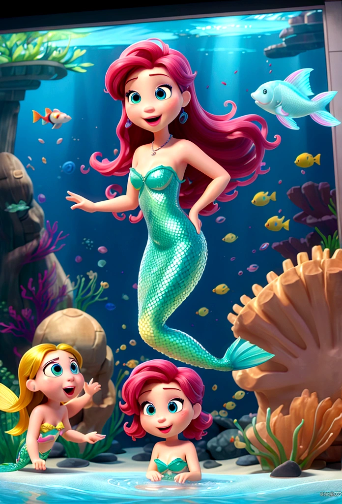 Third-party perspective、Aquarium Background、A digital billboard shows me as a mermaid、A woman is surprised at a digital sign、Friends Next to Me、Pixar、