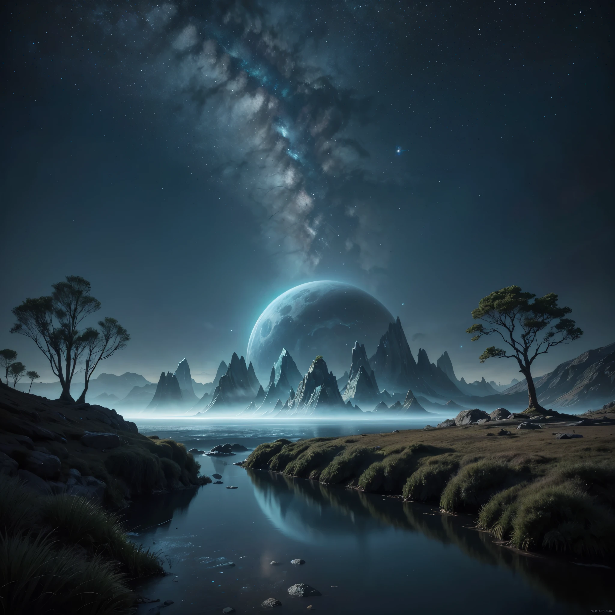 Create an ultra-realistic image of a breathtaking, futuristic landscape inspired by the Halo series, set during the day. The scene should depict a vast alien planet with an expansive, open horizon bathed in daylight. Include towering, crystalline structures that glisten under the bright sun, reflecting and refracting light in a mesmerizing way. Surround these structures with lush, bioluminescent flora, which glows softly even in daylight, creating a surreal and otherworldly atmosphere.

The sky should be a vibrant blue with a few scattered clouds, and several luminous moons and distant planets visible. Add floating platforms or islands suspended in the air, connected by elegant, futuristic bridges. Incorporate a serene river that winds through the landscape, with its waters sparkling under the sunlight.

In the foreground, place a few alien wildlife forms, like elegant, luminescent creatures grazing near the river or hovering near the crystalline structures. The background should include distant mountains with peaks that pierce the sky, and a gentle mist that adds depth and mystery to the scene. The overall ambiance should be peaceful and awe-inspiring, highlighting the blend of natural beauty and advanced alien technology