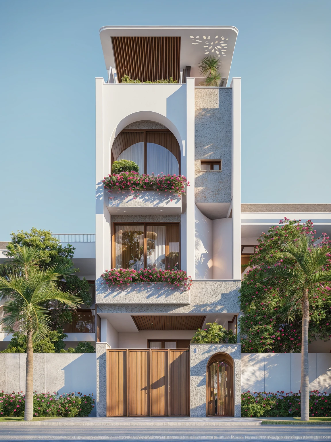 PLATEFORME KTHOUSE, Beaucoup de belles fleurs rouges le long de la route:1.3, Romantique, 1 maison de style néoclassique, La maison de ville est faite de murs blancs, Belle lumière, journée de beauté, ensoleillé, Beaucoup de bougainvilliers rouges le long de la route:1.3, belle sensation de jeunesse :1.2, soleil à midi, Très belles ombres,