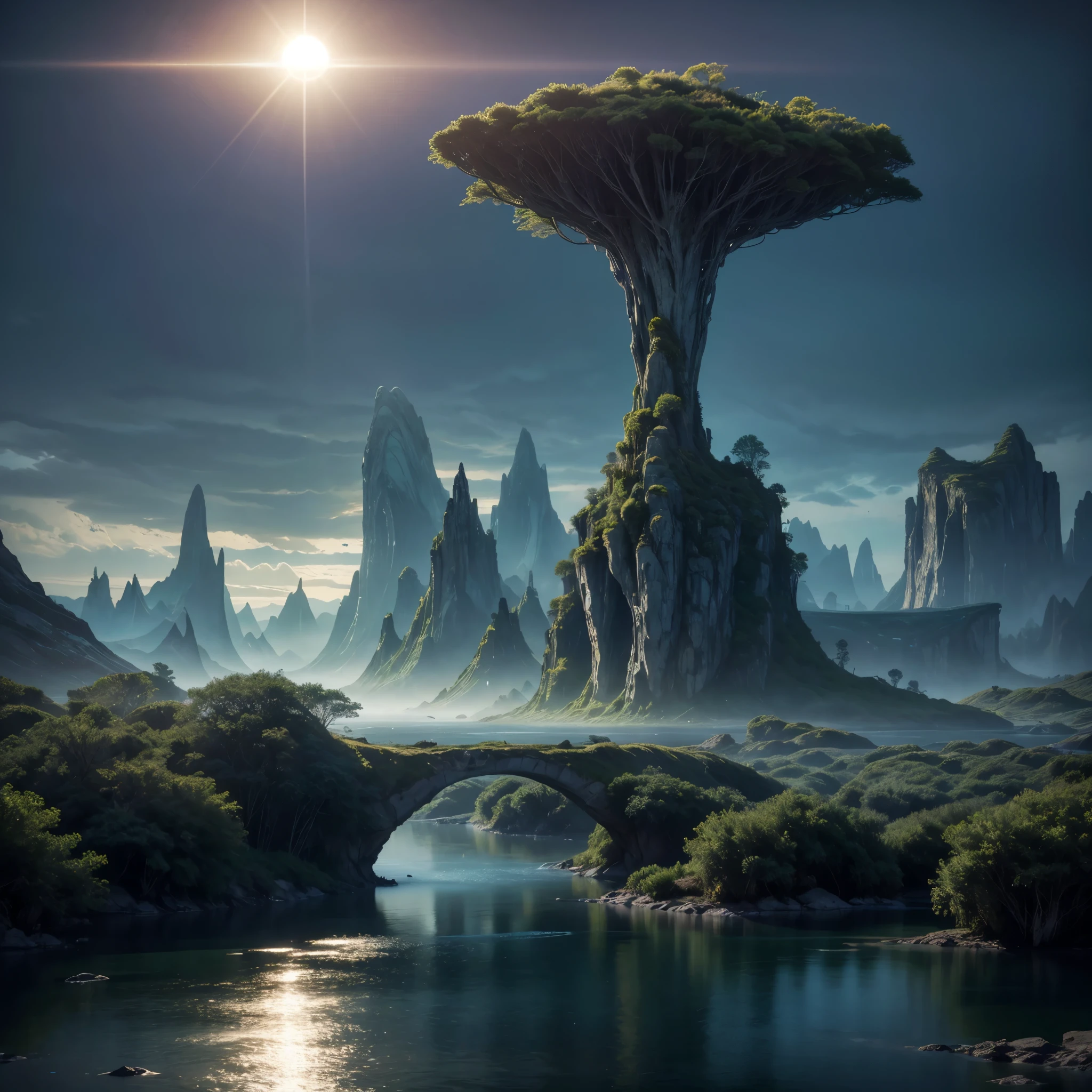 Create an ultra-realistic image of a breathtaking, futuristic landscape inspired by the Halo series, set during the day. The scene should depict a vast alien planet with an expansive, open horizon bathed in daylight. Include towering, crystalline structures that glisten under the bright sun, reflecting and refracting light in a mesmerizing way. Surround these structures with lush, bioluminescent flora, which glows softly even in daylight, creating a surreal and otherworldly atmosphere.

The sky should be a vibrant blue with a few scattered clouds, and several luminous moons and distant planets visible. Add floating platforms or islands suspended in the air, connected by elegant, futuristic bridges. Incorporate a serene river that winds through the landscape, with its waters sparkling under the sunlight.

In the foreground, place a few alien wildlife forms, like elegant, luminescent creatures grazing near the river or hovering near the crystalline structures. The background should include distant mountains with peaks that pierce the sky, and a gentle mist that adds depth and mystery to the scene. The overall ambiance should be peaceful and awe-inspiring, highlighting the blend of natural beauty and advanced alien technology