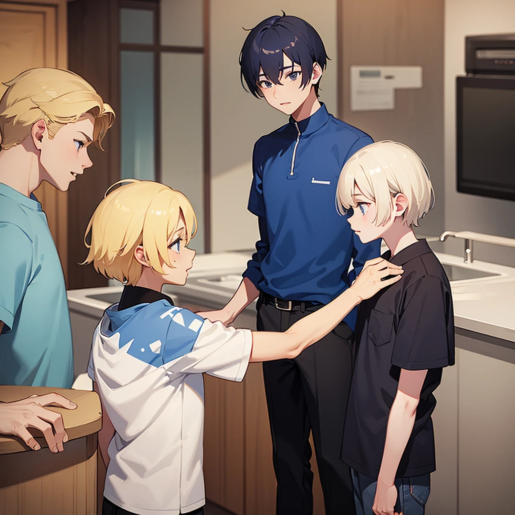 Chico, tall blonde looking at boy with dark blue hair