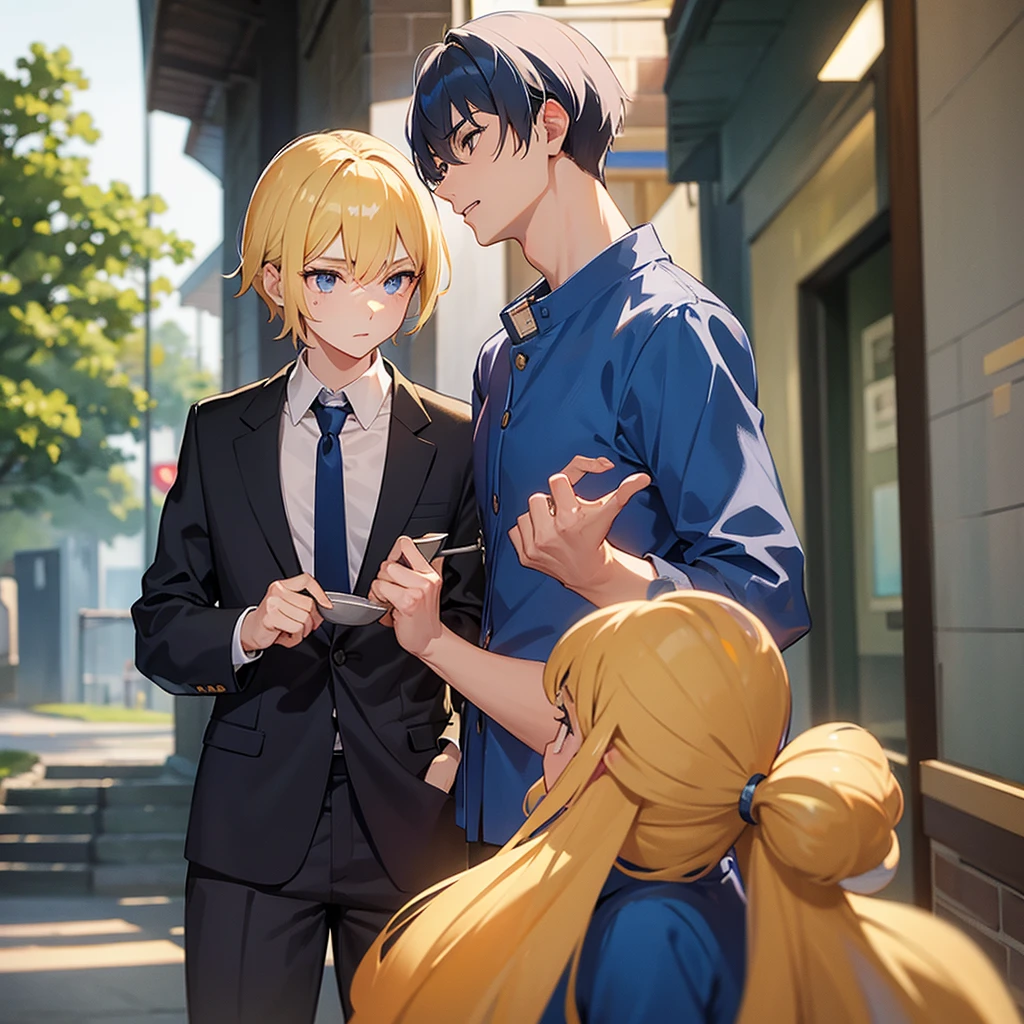 Chico, tall blonde looking at boy with dark blue hair