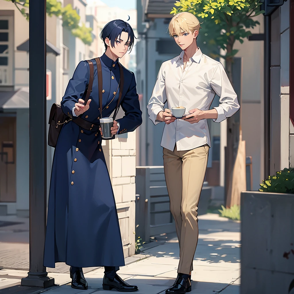 Chico, tall blonde looking at boy with dark blue hair
