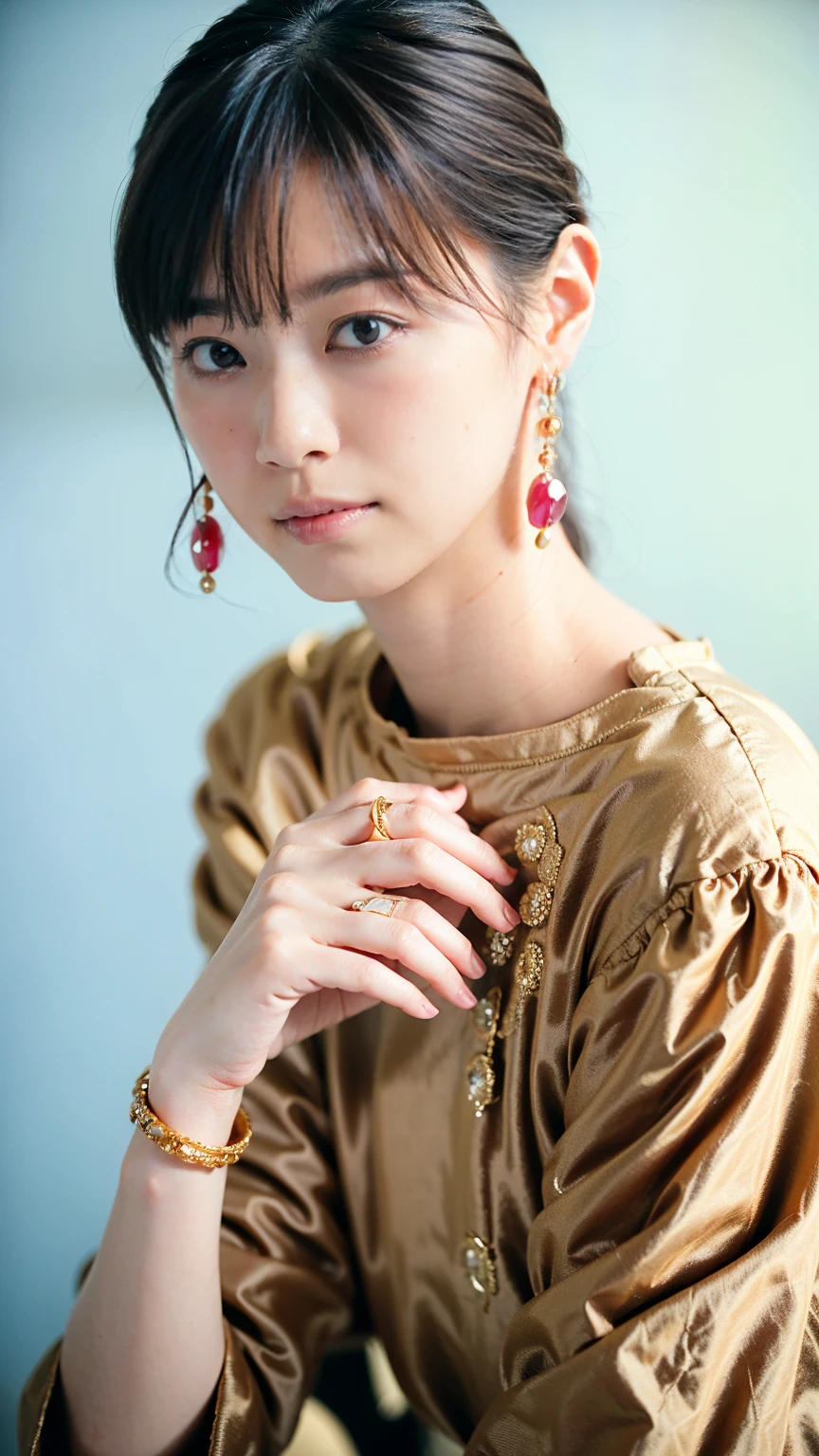 Realistic portrait of a young Asian woman, with a short bob hairstyle with bangs, dark brown hair, large expressive eyes, a small nose, thick lips, smooth and clear skin, natural makeup with subtle eye emphasis, wearing a pale pink camisole top and a delicate gold necklace, a calm and reserved expression looking straight into the camera, soft-focus background with a warm sunlight glow, high-resolution image with professional lighting and retouching, CKS*JAPAN watermark in the bottom right corner, the overall impression of a sweet and modest young woman with a fresh and innocent beauty,