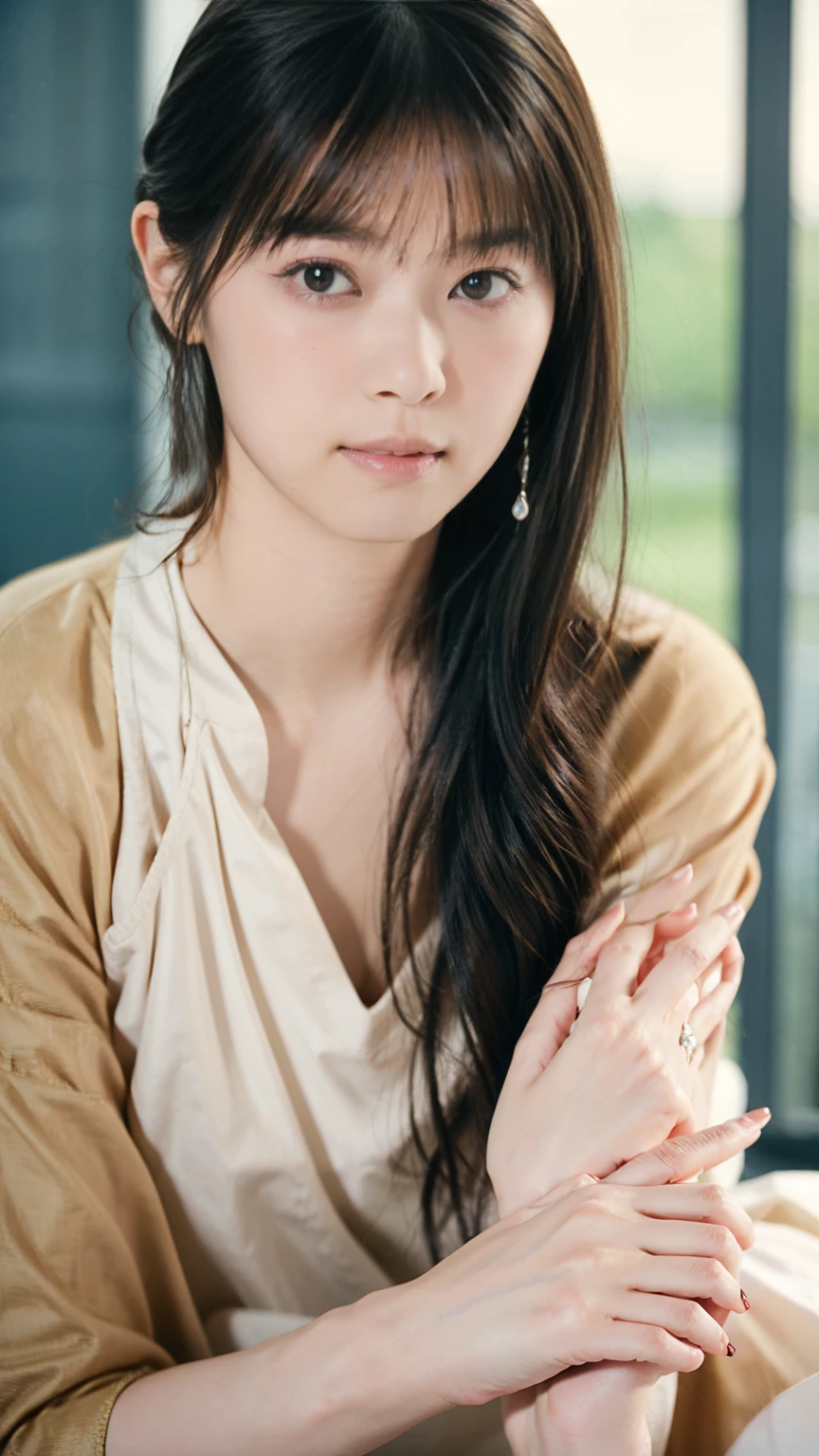 Portrait of a Japanese high school girl from the chest up。Her straight black hair is shoulder length、Bangs reach the eyebrows。Each and every hair is drawn in detail、Has a natural shine、It appears shiny where light hits it。
Facial detailsにこだわった描写。Her skin is healthy and、Even the pores and fine hairs are delicately expressed.。The cheeks have a natural pale pink color.、Fine freckles are visible。Her forehead has tiny wrinkles、I can see the facial wrinkles that appear when I smile。
The big brown eyes、The iris pattern is depicted in detail.、The pupil is clearly visible in the center。The light from the window is reflected in her eyes、The reflection of the light gives the eyes a little sparkle.。Thin blood vessels are visible in the whites of the eyes around the pupils.、It's becoming more realistic。Her eyelashes are long、Each piece is carefully drawn。Eyebrows in a natural shape、The flow of hair is clearly visible。The small unevenness of the skin between the eyebrows、Even the fine wrinkles around the eyes are depicted in detail.。
A small, high nose、I see a slight reflection of light on my nose、The shape of the nostrils is also drawn naturally.。鼻の周りのSkin Textureがリアルに表現されている。High cheekbones accentuate the contours of the face、The smooth curves of the cheeks are drawn.。
The mouth of a bright smile、I can see my pure white teeth。Lips are naturally pink、The texture and shine of the lips are realistically expressed.。There is a subtle shadow around the edge of the lips.、It has a three-dimensional effect。The surface of the teeth reflects subtle light.、The gums are a natural, healthy pink color.。
The smooth jaw and face line are beautifully shaped.、There is a slight shadow under the chin、The boundary with the neck is drawn naturally.。The fine muscle lines are visible on the neck.、Gives a healthy impression。
She is wearing a white blouse and a navy blue sailor uniform.、The uniform has a neatly tied red ribbon on the collar.。The texture and wrinkles of the clothing's fibers are also depicted in detail.。The background is a simple light color gradient.、It highlights her face and her clothes.。The natural light casts soft shadows on her face and clothing.、The light gives warmth to the skin。Facial details、Reflection in the eyes、Hair luster、Skin Texture、To the gloss of the lips、Everything is detailed down to the last detail.。