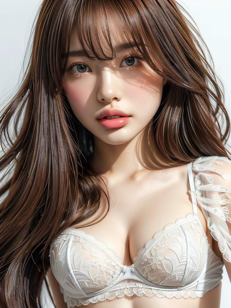 (((white background 2.0)))、High Key Portrait、Dramatic lighting、(((Professional Lighting 1.5)))、透き通るようなWhite skin、(((Whitening 1.5)))、Beautiful Skin、、White skin、Mid-length hair、Loose wavy hair、Blonde Hair、(((White lace bra 2.0)))See-through、High leg、Ecstasy of Musical Notes、(((Sex Appeal 1.5)))、(((Mature Female 1.5)))、sexy、sex appeal、