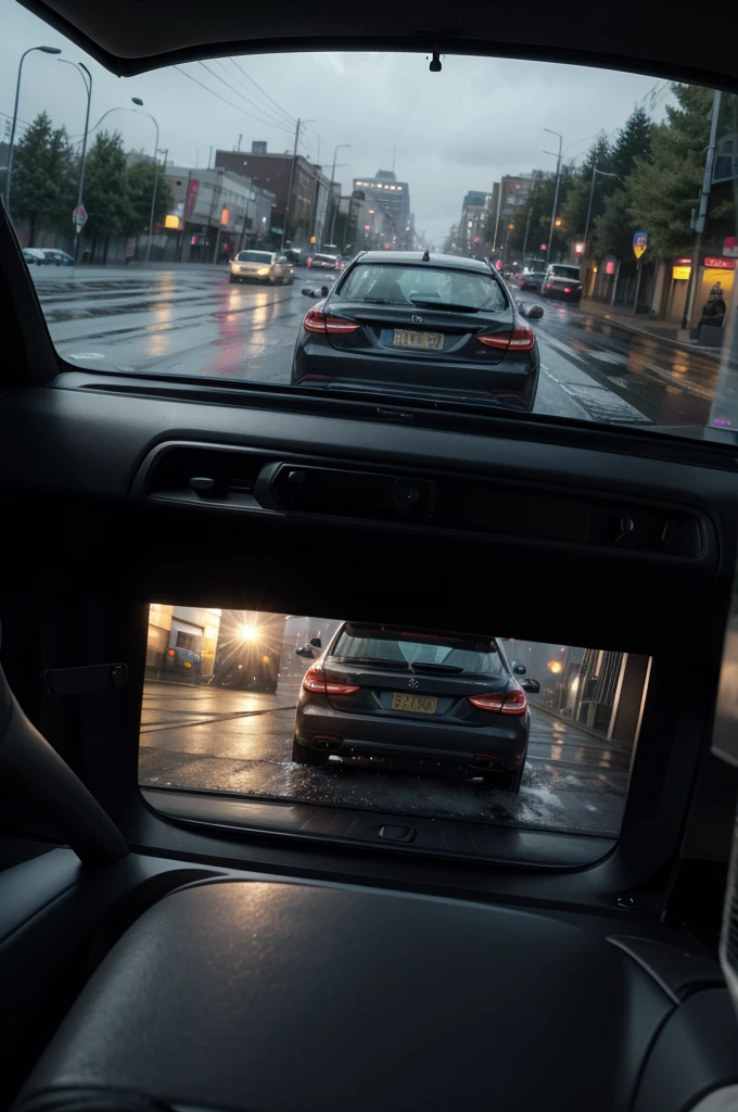 Driver inside the car with a wet windshield, with poor visibility, in a city, Realism, first-person view, afterimage, Wide-Angle, HD, best quality