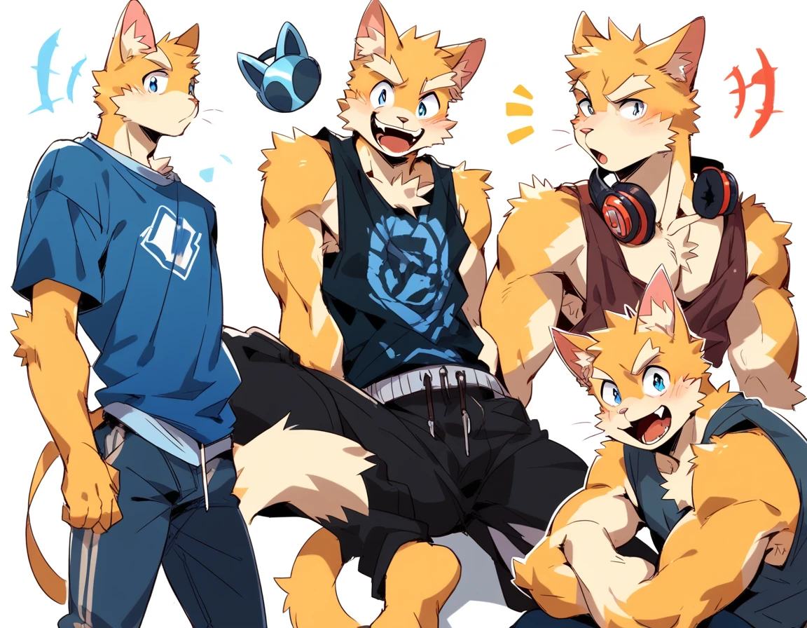 score_9, score_8_up, score_7_up, male, furry, high quality, anthro, teenager, , domestic cat, yellow fur, blue eyes, wide eyebrows, an excited expression, humanoid feet, slim body, prominent v-line, prominent abs, prominent legs, prominent forearm muscles, prominent knees, white background, treasure trail, armpit hair, furry legs, in various sexy poses, headphones, casual clothes