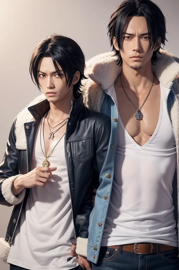 Create a One Piece character with the anime trait, he has the same hair as ace and has a scar, is wearing a white shirt with a furry jacket and has a pendant