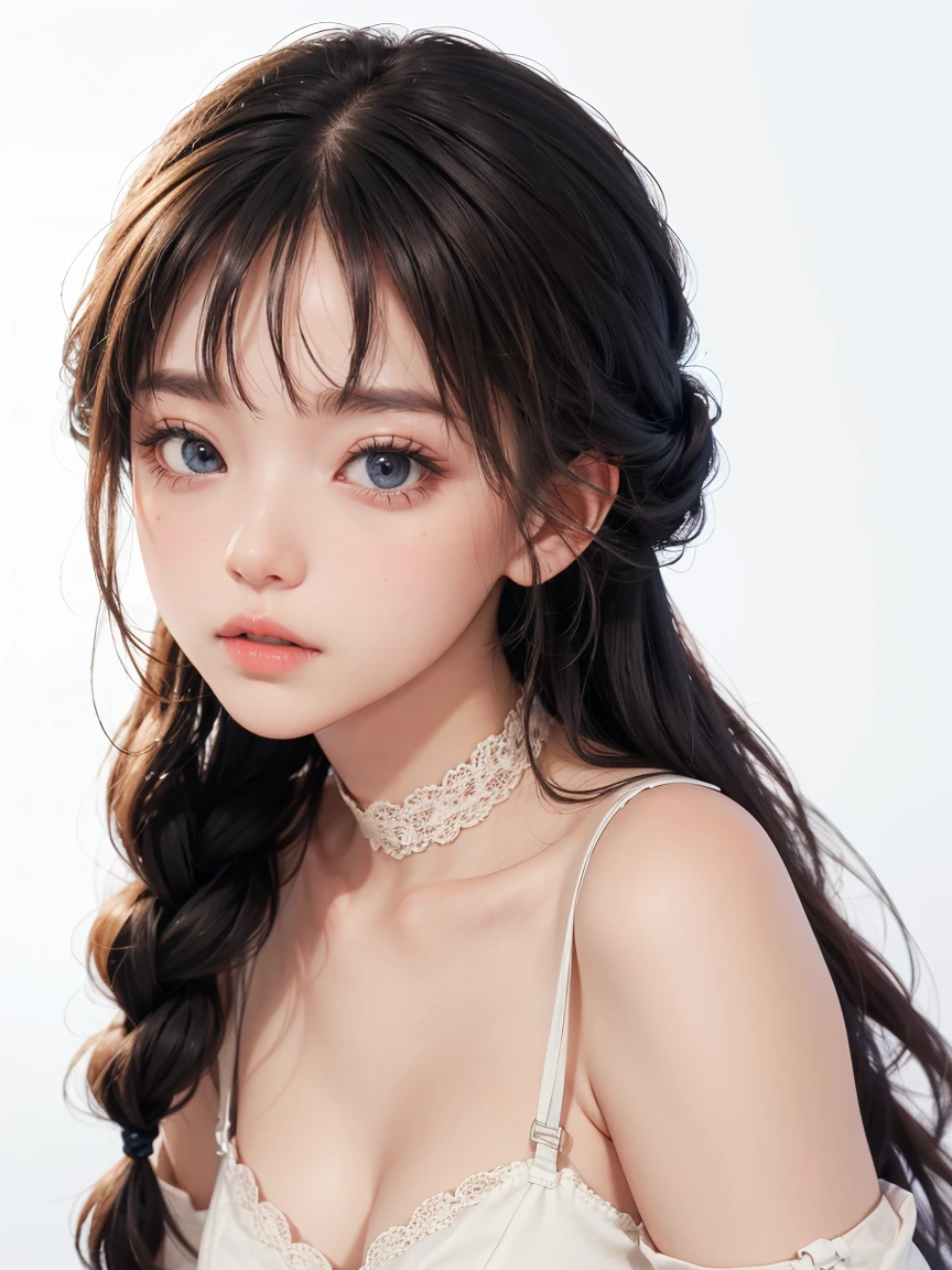 underleg underwear , Lace stockings , eye makeup , cute girl , detailed eyes , braided hairstyle , white background , portrait , face