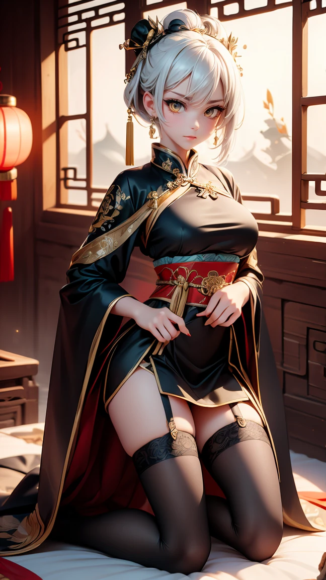 A very beautiful 19 year old woman, ((white hair: 0,3)), bob haircut, shorth hair, ((yellow eyes:1,2)) ((Glowing gold Eyes:0,3)) red nails, young and beautiful face, brawny, slim body, but well proportioned, perfect white skin, high detailed drawing, lifelike face. (((Wearing traditional Chinese imperial clothing, black with gold decorations:1,2))) ((black clothes with gold details:0,5)) ((black cloak with golden decorations:0,5)) ((black dress with gold details,)) (((red skirt with gold details:1,2))) ((red skirt with gold details:0,5)) ((with red Hanafuda earrings:0,3)) ((black garter belt with thigh high stockings:0,3)) Kneeling on a white bed in an ancient Chinese room, with full moon and stars visible through the window at night, with flashes of light reflecting off your body. 4k anime art, perfect lighting.
