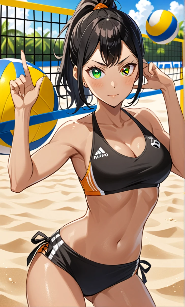 Woman, Athletic and toned body, light skin tone, long black hair tied in a ponytail, green eyes with a penetrating and seductive look, breasts big, exciting look, Beachwear, blushed face, haikyuu, ((single image)), In the background there is a sand volleyball court, cute pose, right hand with two fingers raised making a V, the other hand on your thigh