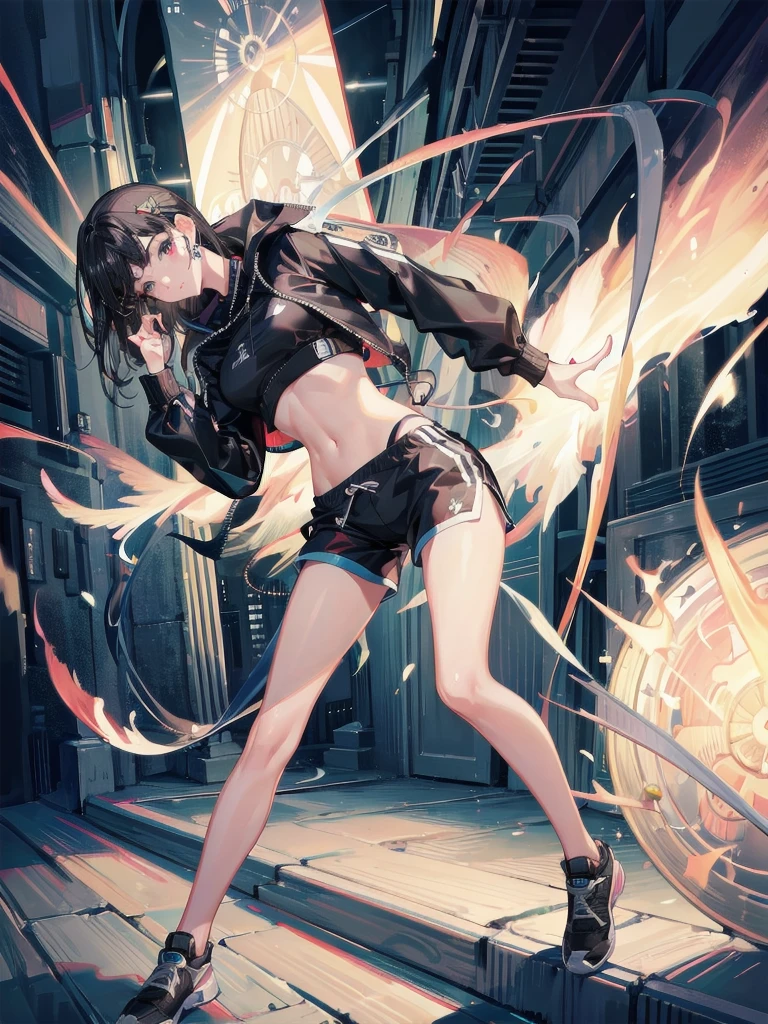 absurdres, RAW photo, extremely delicate and beautiful, masterpiece, Best Quality, ultra high resolution, 32k, hyperrealistic, ultra-detailed, delicate facial features, beautiful detailed woman, tearful mole, earring, medium breasts, full body shot, medium hair, black hair, tracksuit, shorts, navel,
