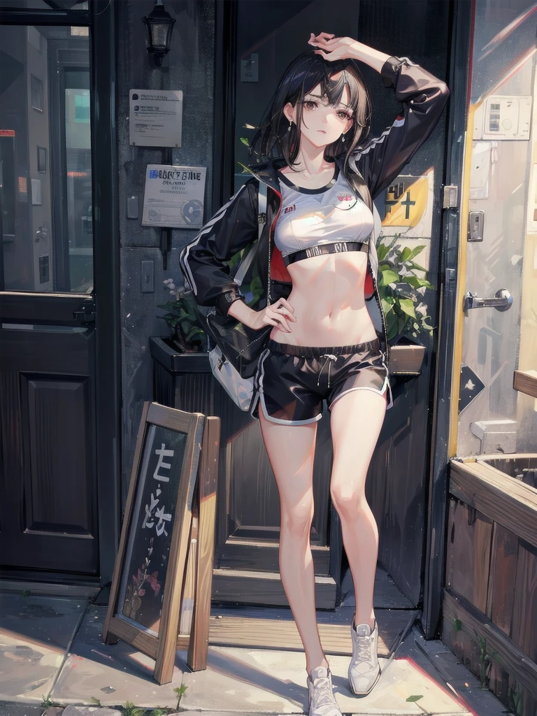 absurdres, RAW photo, extremely delicate and beautiful, masterpiece, Best Quality, ultra high resolution, 32k, hyperrealistic, ultra-detailed, delicate facial features, beautiful detailed woman, tearful mole, earring, medium breasts, full body shot, medium hair, black hair, tracksuit, shorts, navel,