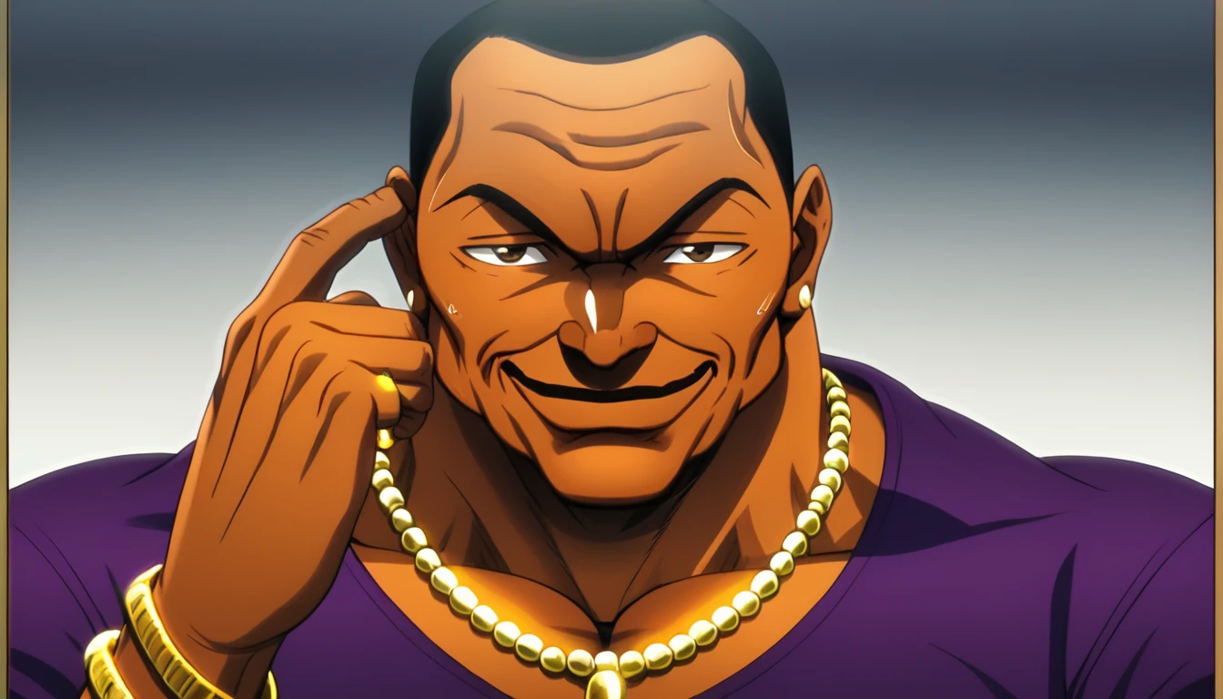 score_9, score_8_up, score_7_up, olivabiscuit, 1boy, solo, purple shirt, necklaces, ring, bracelets, gold, brown eyes, male focus, cocky smirk, looking at viewer, short hair, black hair, dark skin, facial hair, dark-skinned male, muscular male, bara, bald, manly, veins, meme, hand, points his temple, dynamic lighting, glare, extremely detailed, portrait, white background