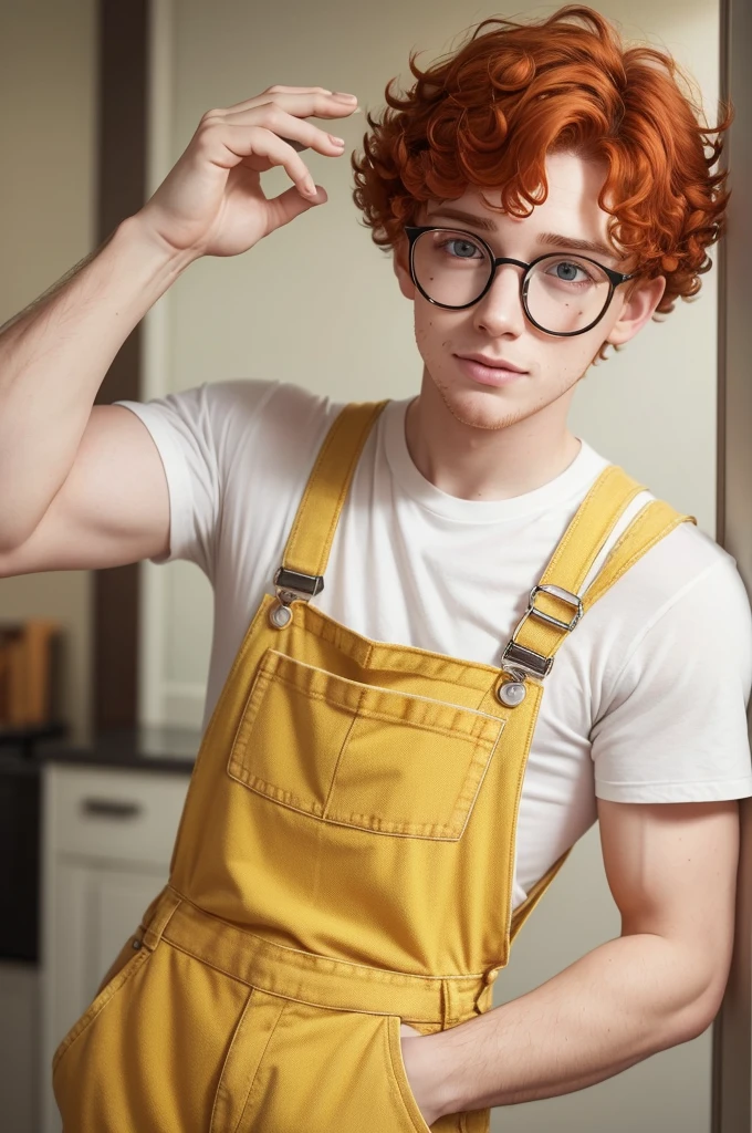 Cute white boy, wearing yellow and white striped overalls, with freckles on his face, curly red hair, , wearing red glasses,