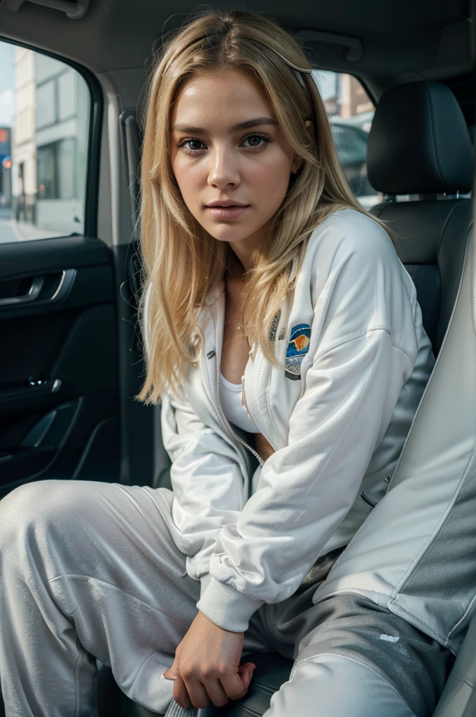 blonde woman sitting on a car backseat, wearing puffy jacket and sweatpants with sneakers, detailed portrait, realistic, cinematic lighting, warm color tones, (best quality,4k,8k,highres,masterpiece:1.2),ultra-detailed,(realistic,photorealistic,photo-realistic:1.37),HDR,UHD,studio lighting,ultra-fine painting,sharp focus,physically-based rendering,extreme detail description,professional,vivid colors,bokeh,portrait