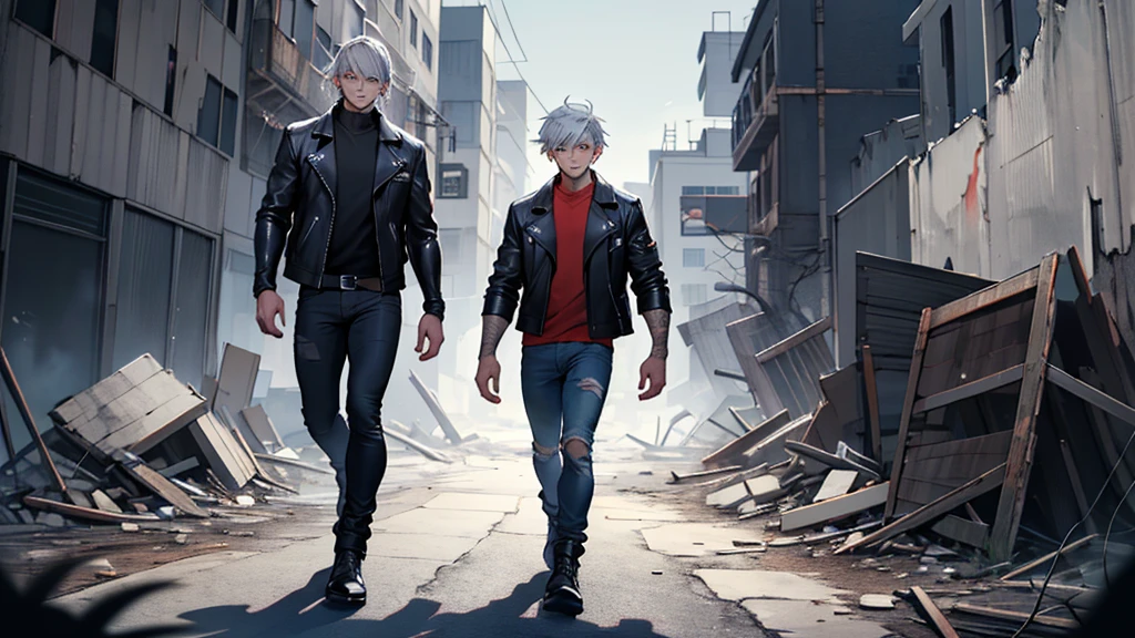 (Masterpiece, best quality, absurdities) 1 young man, full body, looking at the viewer, serious, blue eyes, silver hair, short hair, black leather jacket, black jeans, post apocalypse, volumetric light