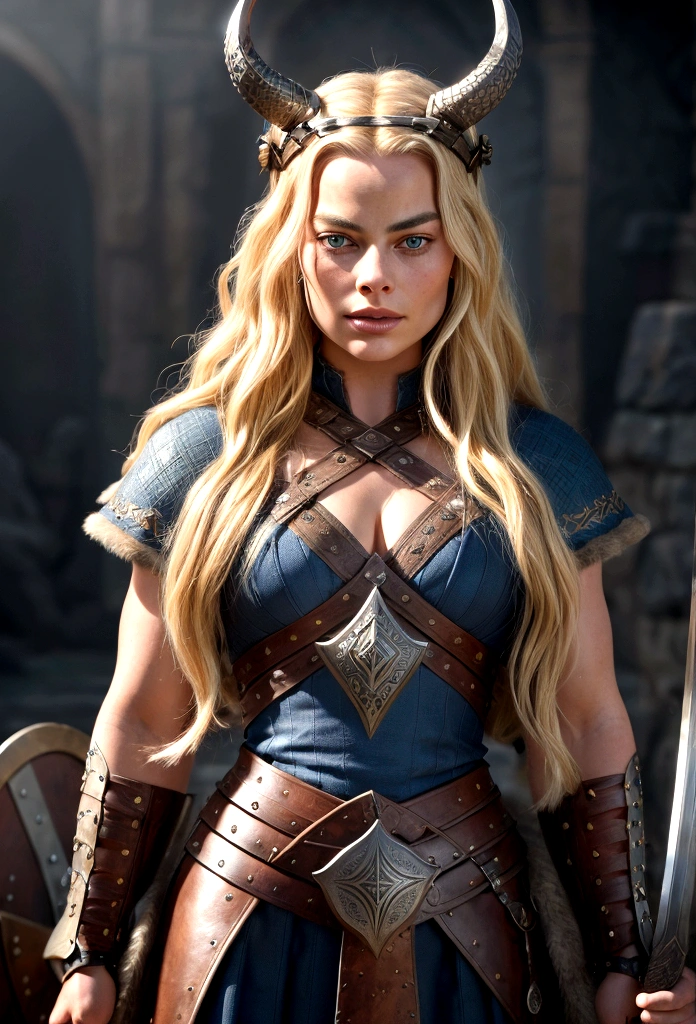 a beautiful detailed portrait of margot robbie as a fierce viking warrior, long wavy blonde hair, piercing blue eyes, strong defined facial features, wearing a viking helmet with horns, holding a sword and shield, dramatic lighting, cinematic, highly detailed, 8k, photorealistic