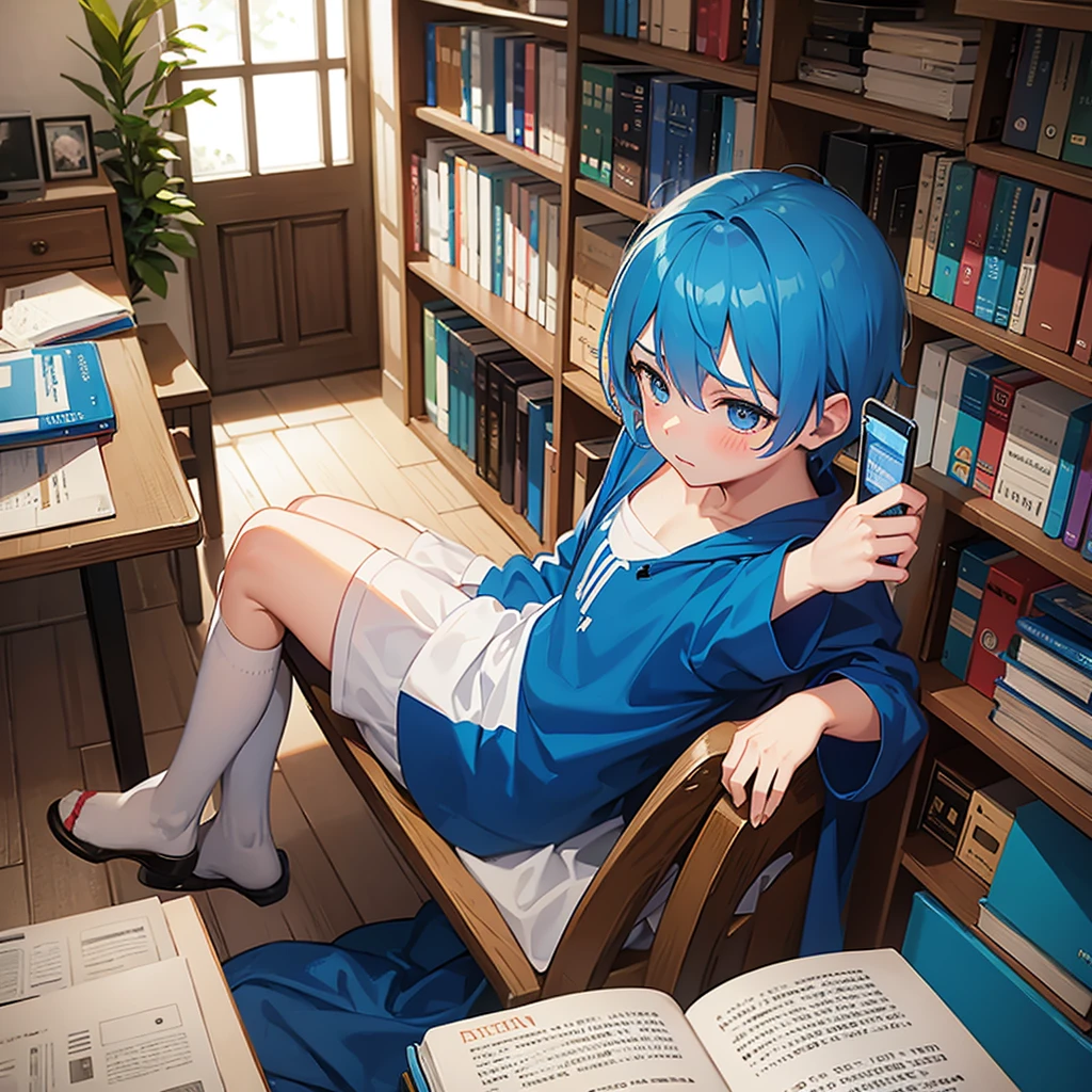 Boy under blue hair looking up with books in hand blushing