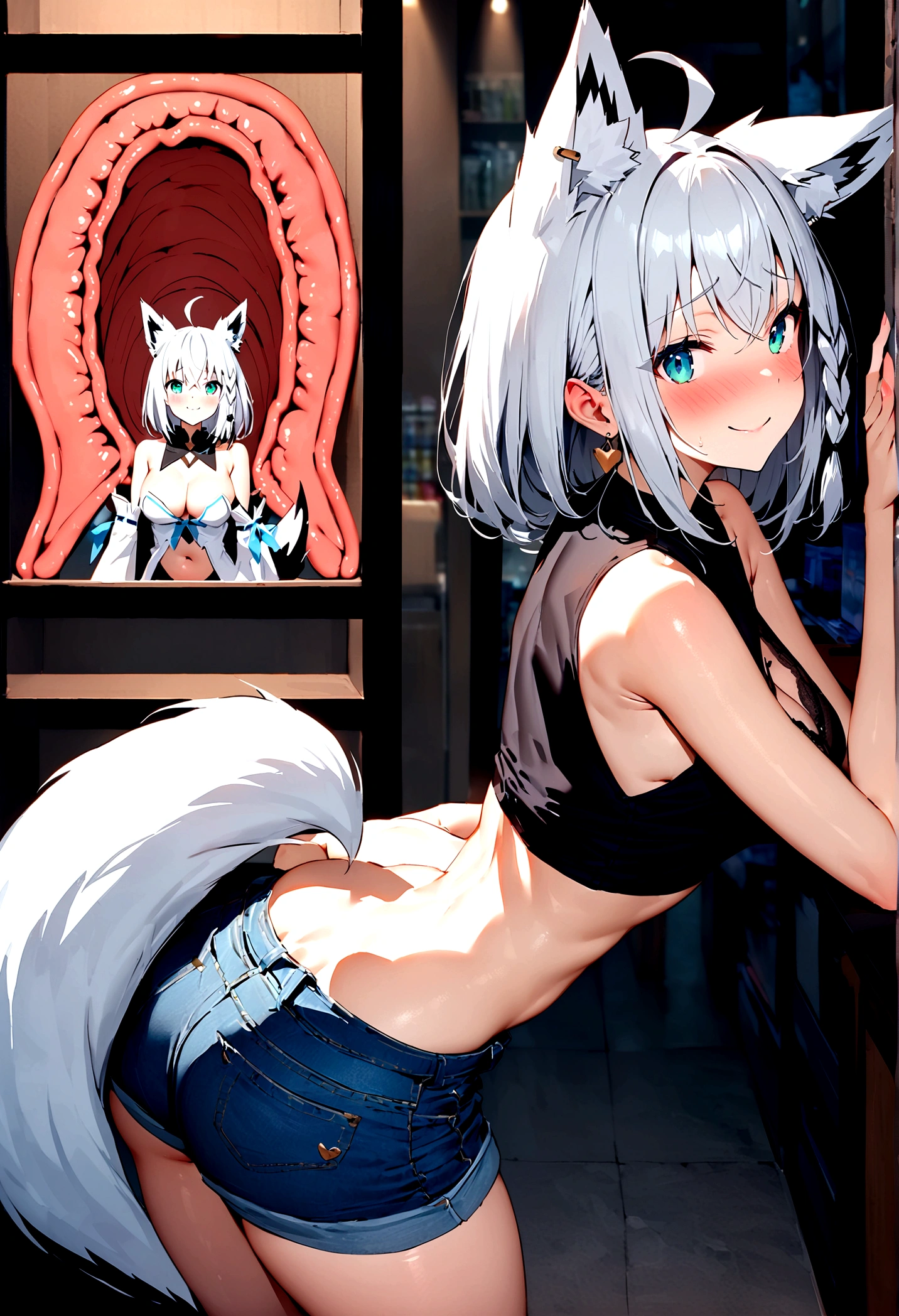 NSFW,masterpiece,Highest quality,High resolution,Super detailed,Shirakami Fubuki\(Hololive\),Gray Hair、One-sided braid、Ahoge、Earrings,Fox ears,Fox tail,Crop top shirt,Sleeveless,Cleavage,Low-rise denim shorts,Embarrassed,blush,Expecting face,Bewitching Smile,Sexy smile,(Adult Shop),(Underwear section),(Naughty shop),Cute pose,Date,(Seduce),Leaning forward,Sticking out your butt,From the back