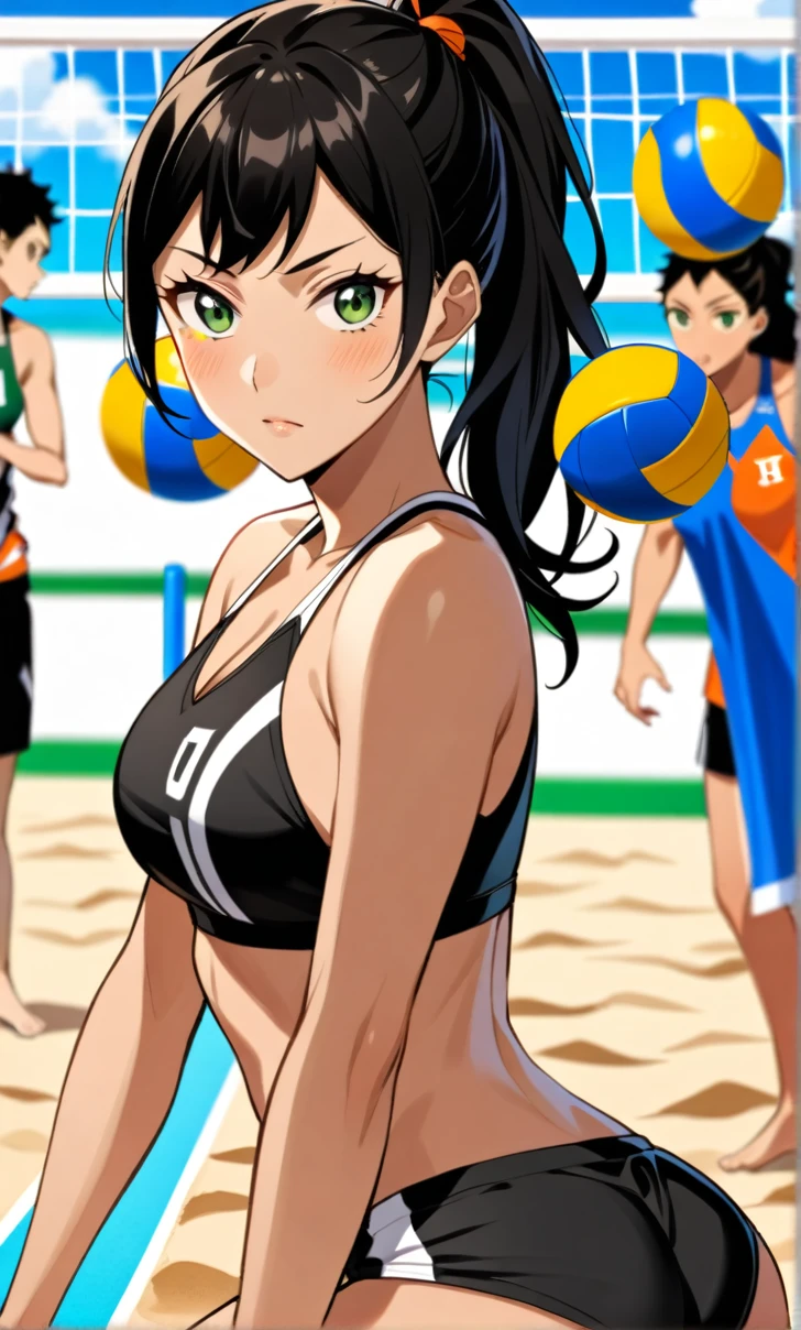 Woman, Athletic and toned body, light skin tone, long black hair tied in a ponytail, green eyes with a penetrating and seductive look, breasts big, exciting look, Beachwear, blushed face, haikyuu, ((single image)), In the background there is a sand volleyball court, It's night, Starry sky, both hands on the thigh, body slightly curved forward