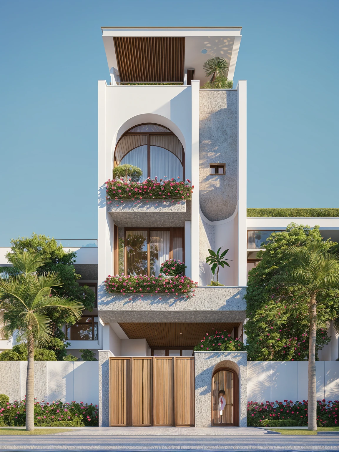 PLATEFORME KTHOUSE, Beaucoup de belles fleurs rouges le long de la route:1.3, Romantique, 1 maison de style néoclassique, La maison de ville est faite de murs blancs, Belle lumière, journée de beauté, ensoleillé, Beaucoup de bougainvilliers rouges le long de la route:1.3, belle sensation de jeunesse :1.2, soleil à midi, Très belles ombres,