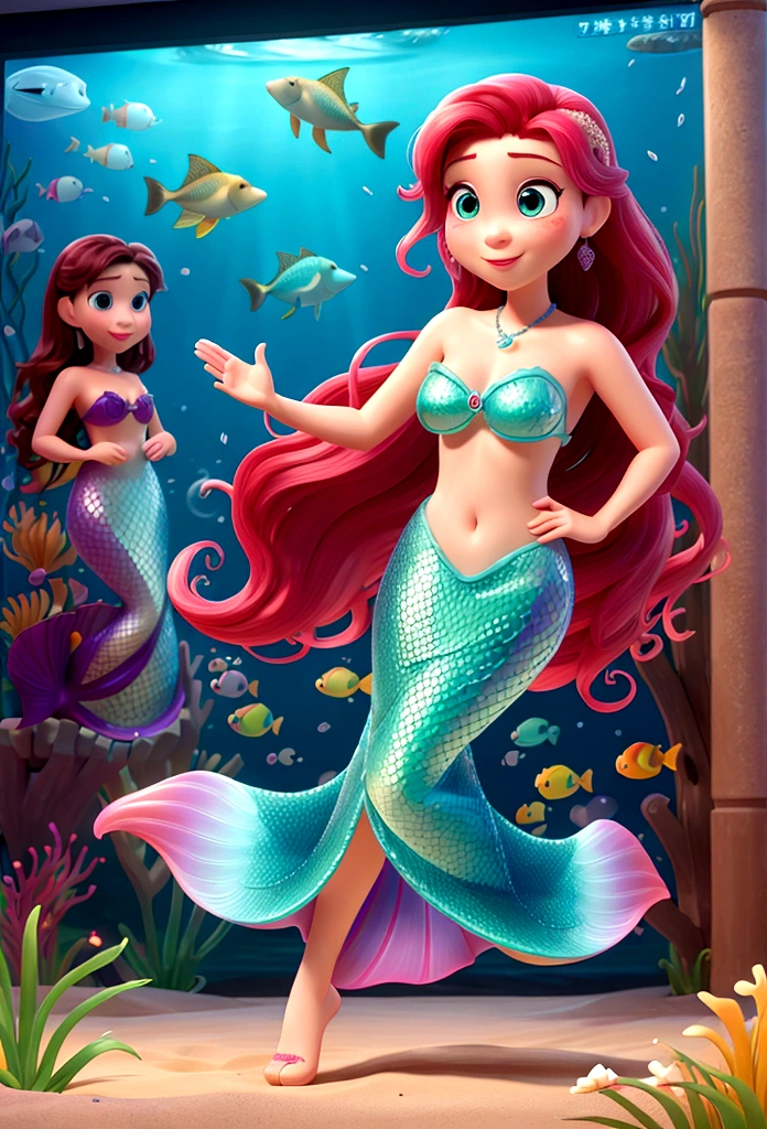 Third-party perspective、Aquarium Background、A digital billboard shows me as a mermaid、A woman stands in front of a sign、Friends Next to Me、Pixar、