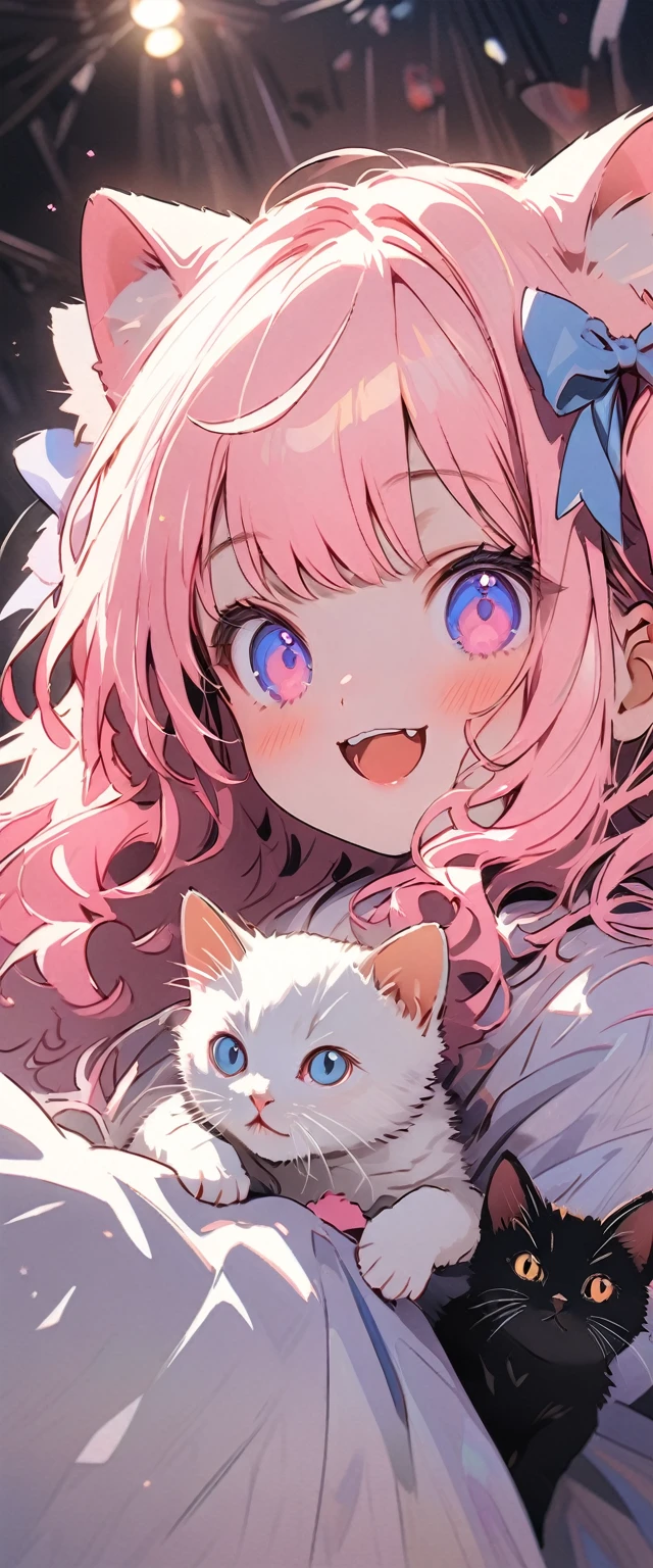 woman\(Small ,cute,cute,10 years old,2 Pigtails,Curly Hair,Hair Color Cosmic,Big eyes,Eye color is cosmic,cute dress,[Cat ear:1.6],smile,Dynamic pose\), break ,background\(internal,Messy room,cute room,A lot of kittens\), break ,quality\(8K,非常に精細なCGユニットのwallpaper, masterpiece,High resolution,top-quality,top-quality real texture skin,Surreal,Increase the resolution,RAW Photos,最高quality,Very detailed,wallpaper,Cinema Lighting,Ray-tracing,Golden Ratio\),(Kitten close-up:1.4),From below