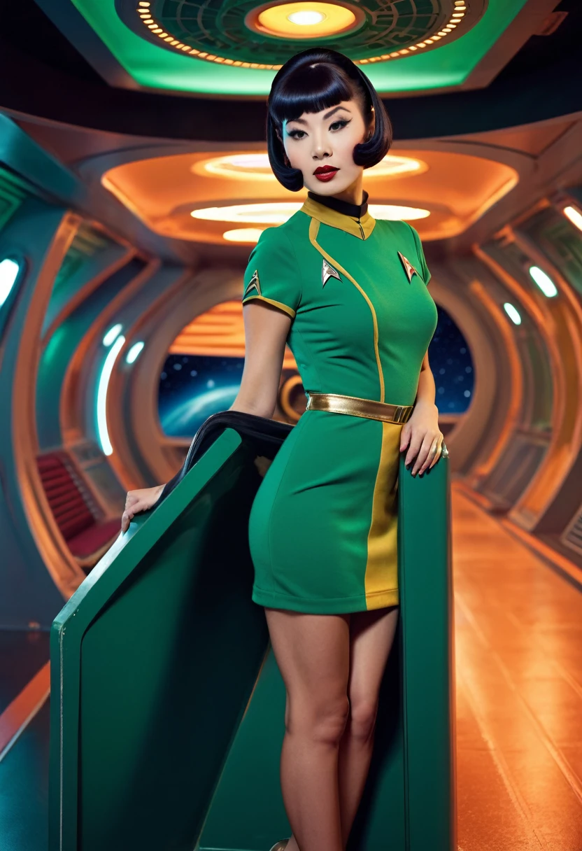 a close up of a woman in a green dress posing for a picture, 60's sci-fi pinup style, , young beautiful 60's sci-fi pinup, provocative, sexy, very sexy, flirtatious, arousing, revealing, sensuous, teasing ((on the bridge of the enterprise 1.3) ((wearing star trek original series 60s one piece sexy short mini dress bridge crew uniform )) (asian-european, half-asian crew member with bob haircut and slim figure) ((in the style of a retro-futuristic, retro-scifi film set) ((in the style of a 60s erotic pinup movie, soft focus, cinematic, pulp) ((spinning around to show off her dress)) ((curtseying with her dress in her fingers))