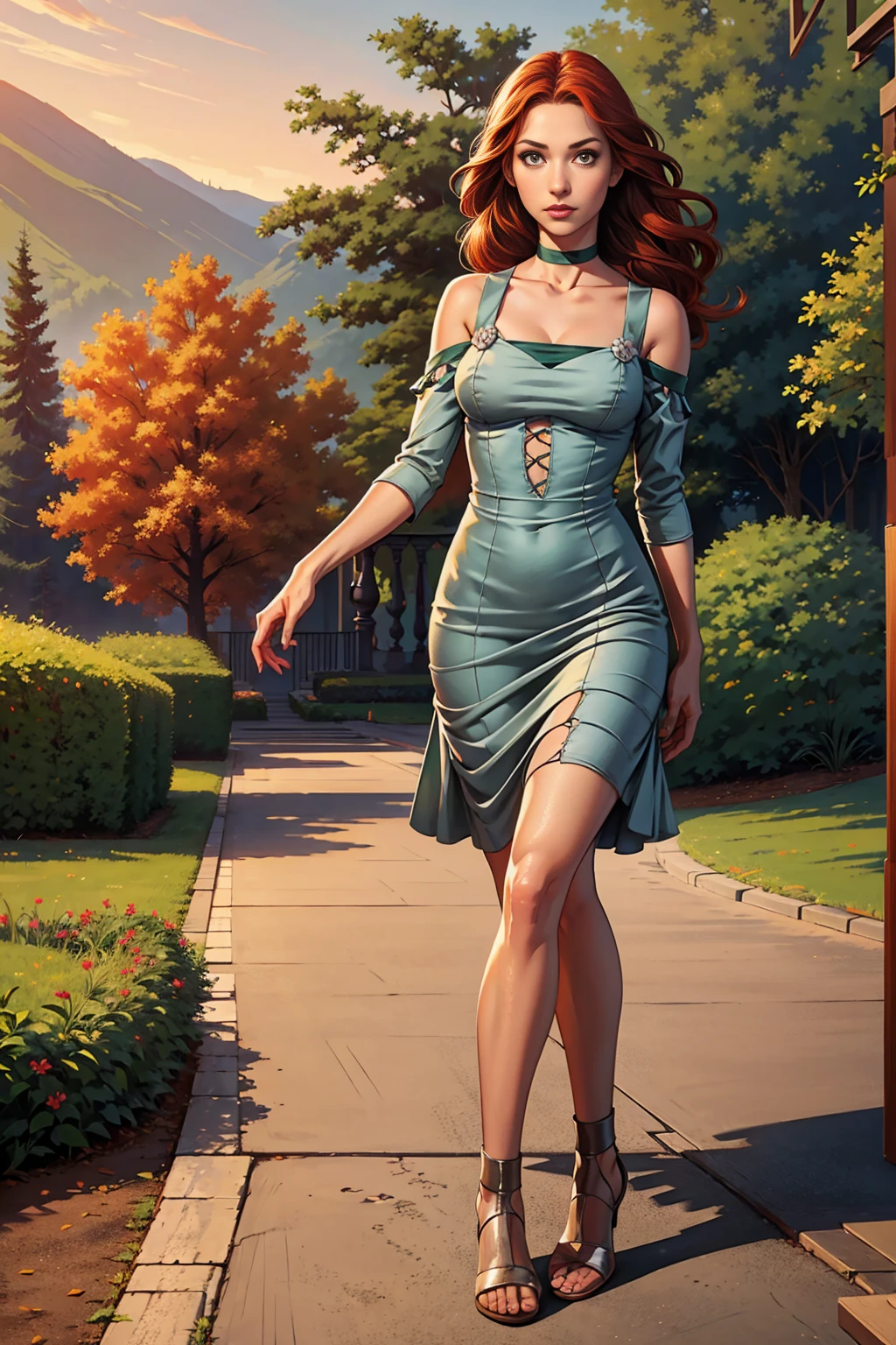 ((Full body photo, standing, feet on the ground)) best quality, artwork, (realistic: 1.2), 1 girl, slender girl, red hair, brown eyes, 3/4 vision, detailed face, beautiful eyes , gray eyes, big eyes, small breasts, choker, dress
