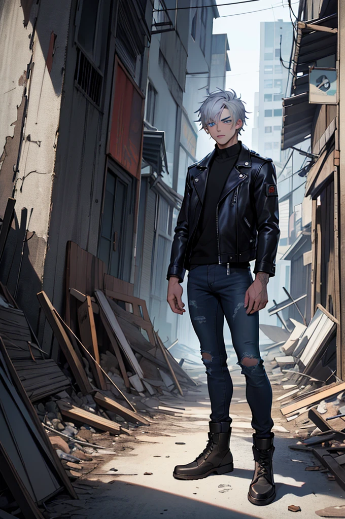 (Masterpiece, best quality, absurdities) 1 young man, full body, looking at the viewer, serious, blue eyes, silver hair, short hair, black leather jacket, black jeans, post apocalypse, volumetric light
