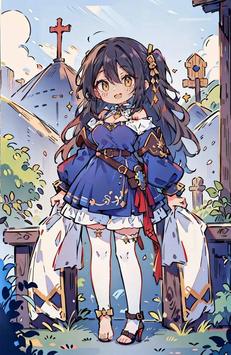 (masterpiece:1.2), (high quality:1.2), (hui xiyi:0.75), rekkyo sensen, rekkyou sensen, (full body, chibi girls:1.45), solo focus, girls with((black hair, tits cleavage, exposed breasts, breasts close up, dress, (blue clothes:1.3), ribbon belt, off-shoulder sleeves, long sleeves, furry jacket, frills shirt, frills camisole, straps, (rosary choker, golden rosary, cross:1.05), (high heels, shoes, barefoot, left legwear, white legwear:1.67), (long wavy hair, one side up:1.4))), background with ((architecture, blue sky, building, bush, castle, village, no humans, cloud, cloudy sky, day, fence, field, garden, grass, hill, house, lamppost, landscape, mountain, mountainous horizon, nature, no humans, outdoors, scenery, shrine, sky, tower))