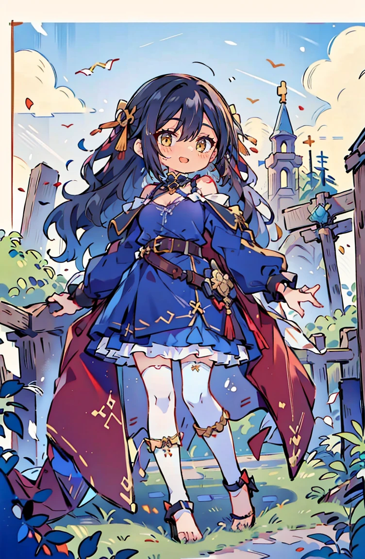 (masterpiece:1.2), (high quality:1.2), (hui xiyi:0.75), rekkyo sensen, rekkyou sensen, (full body, chibi girls:1.45), solo focus, girls with((black hair, tits cleavage, exposed breasts, breasts close up, dress, (blue clothes:1.3), ribbon belt, off-shoulder sleeves, long sleeves, furry jacket, frills shirt, frills camisole, straps, (rosary choker, golden rosary, cross:1.05), (high heels, shoes, barefoot, left legwear, white legwear:1.67), (long wavy hair, one side up:1.4))), background with ((architecture, blue sky, building, bush, castle, village, no humans, cloud, cloudy sky, day, fence, field, garden, grass, hill, house, lamppost, landscape, mountain, mountainous horizon, nature, no humans, outdoors, scenery, shrine, sky, tower))