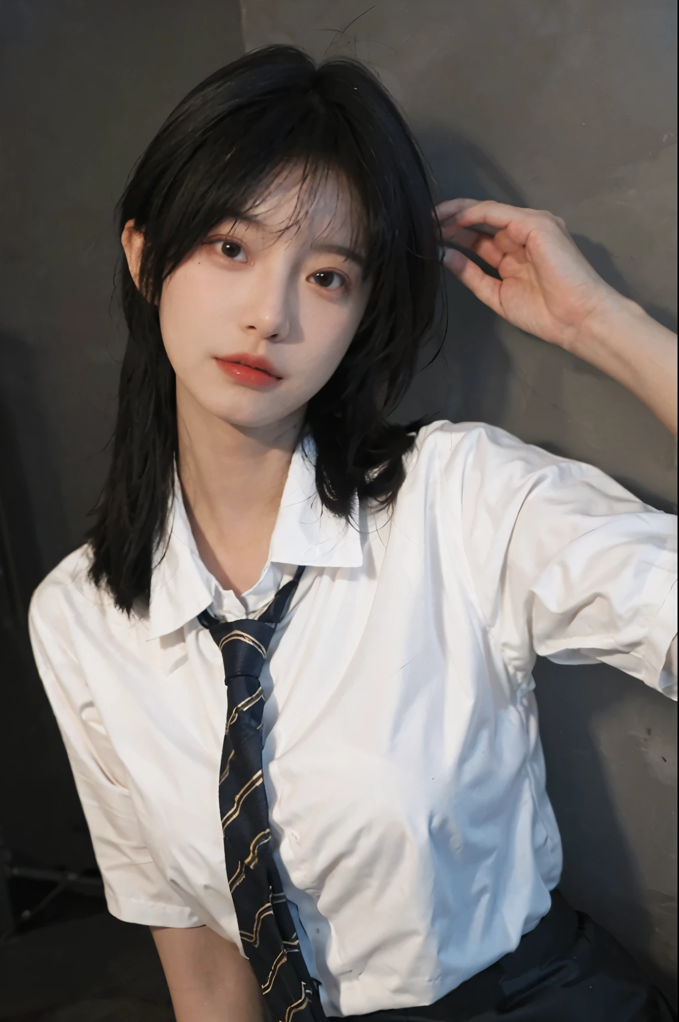 Best quality,masterpiece,ultra high res,(photorealistic:1.4),1girl,sexy,(shirt and tie:1.2),(large breast:1.3),(upper body:1.4)
