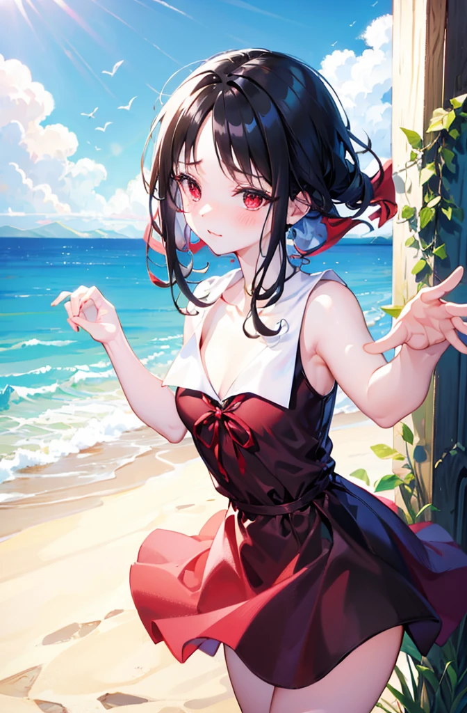 Random pose、Black Hair、Small breasts、Random pose、Red ribbon、Pale red eyes、classroom、Blushing、Embarrassed expression、、