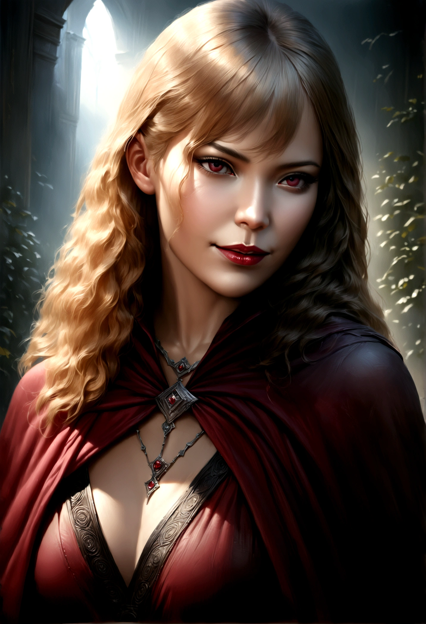a woman with long blond hair, perfect body, evil smile, wearing a cultist cloak, seductive expression, cowboy shot, cultist clothes, (best quality,4k,8k,highres,masterpiece:1.2),ultra-detailed,(realistic,photorealistic,photo-realistic:1.37),digital painting, dark fantasy, dramatic lighting, cinematic composition, moody atmosphere, rich colors
