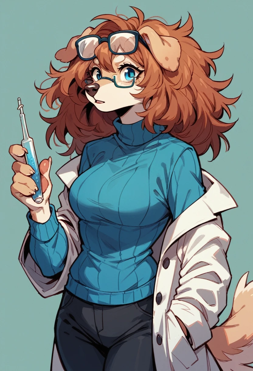  anthro ,Solo female, Furry, Dog, Light brown hair, messy auburn hair, blue eyes, scientist, Glasses on his head, Navy blue sweater, black trousers, white coat, 