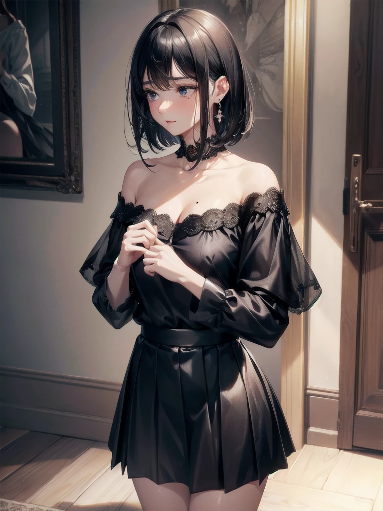 absurdres, RAW photo, extremely delicate and beautiful, masterpiece, Best Quality, ultra high resolution, 32k, hyperrealistic, ultra-detailed, delicate facial features, beautiful detailed woman, tearful mole, earring, medium breasts, full body shot, medium hair, black hair, blouse, short skirt, off shoulder,