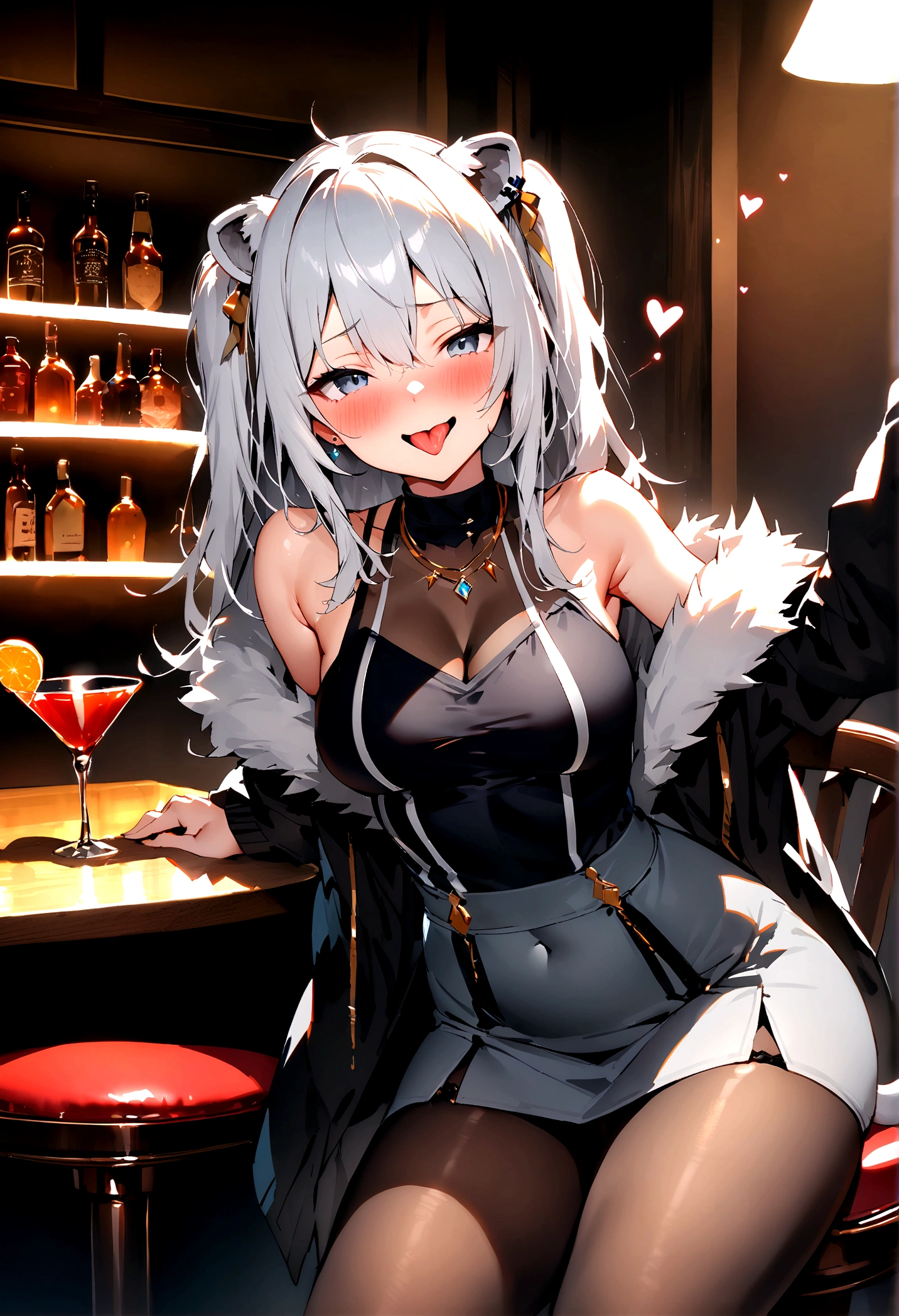 NSFW,masterpiece,Highest quality,High resolution,Super detailed,Shishirabotan\(Hololive\),Long Hair、Two Side Up、Earrings、Lion's Tail,necklace、Black Shirt、Sleeveless shirt、abdomen、See-through、Grey Skirt、片足pantyhose、hose、fur-trimmed jacket、Black jacket、Off the shoulder,Black adult pantiitching Smile),blush,Luxurious Room,pub,counter,chair,Cocktail GlaDrunk),(Intoxication),Sitting in a chair,heart,Sexy pose,Panty t,Open youth,Sticking out tongue,(Blowjob),(Deepthroat)
