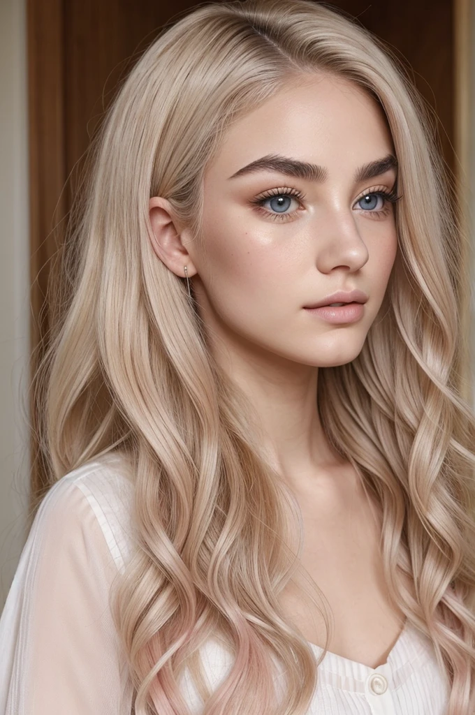Ash Blonde Hair in Ringlets, perfect and pale skin but without being sickly, defined jawline without being exaggerated, slightly rounded; thin and pink lips, profiled and small nose, long eyelashes and thick eyebrows without being exaggerated. A mole on your cheek.