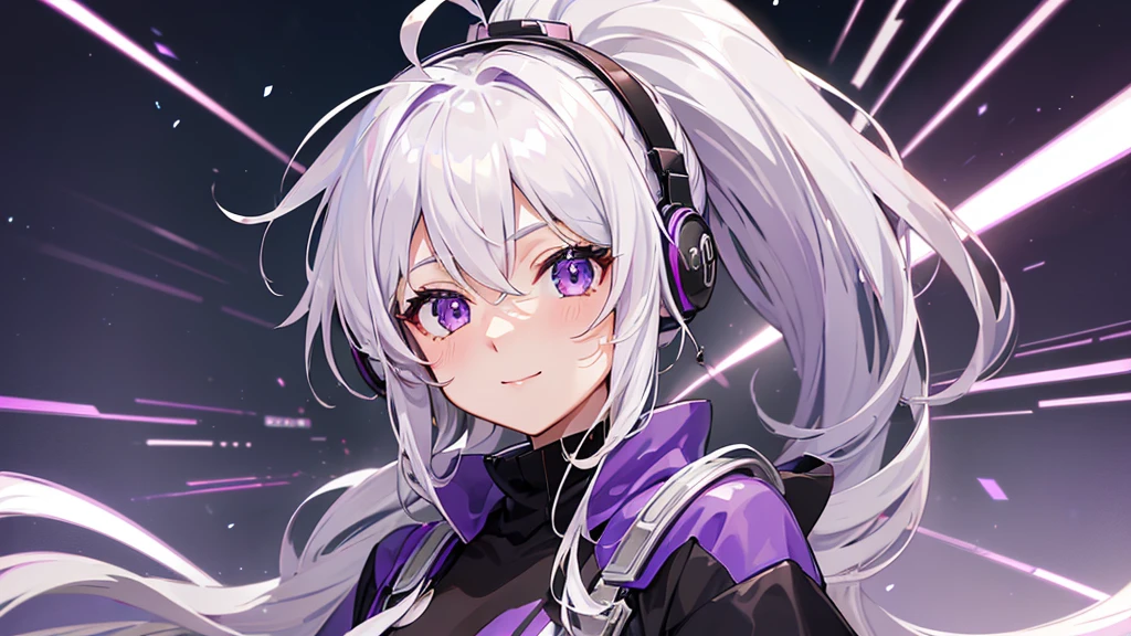 ((Highest quality,High resolution,1080P, 4K)),(silver hair, ahoge, ponytail, purple eyes),(20-year-old,cute),Headphones light smile, blush,anime, anime style,(night view)