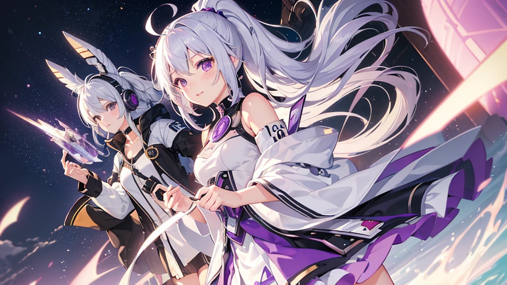 ((Highest quality,High resolution,1080P, 4K)),(silver hair, ahoge, ponytail, purple eyes),(20-year-old,cute),Headphones light smile, blush,anime, anime style,(night view)