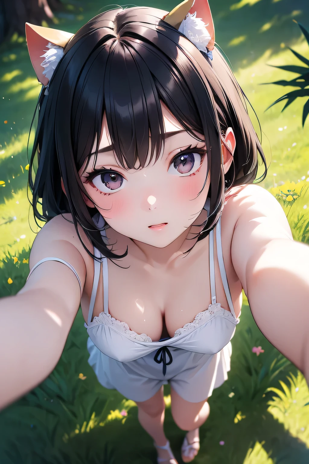 Highest quality、High resolution、Detailed Background、(Beautiful face in every detail:1.4)、Anatomically correct、(Detailed facial expressions)、age beauty、(Highly detailed face:1.2)、Cute hair colour、Cute hairstyle、Perfect body line、well-groomed eyebrows、Do cute things、(Expressing the feeling of summer and the expression of light and shadow:1.2)、
In the hot summer sun、A is walking、The shadow that stretches from the girl's feet is cast on the ground in a long and delicate manner.、
The figure of the girl is projected like a large shadow puppet on the grass and trees she is trampling.、The girl's shadow sometimes appears on the tree.々The sunlight filtering through the branches creates a subtle shimmer.、The girl walks lightly, but her shadow continues to grow silently.、The girl turns around and sees her shadow stretched out.、In the sunlight shining through the shade、The contrast of light and shadow created by the girl's figure and shadow is beautiful.、The graceful steps of the girl and the delicacy of her shadow、The shadow of the girl spreading across the ground in the strong sunlight evokes a sense of coolness and elegance that is unique to summer.