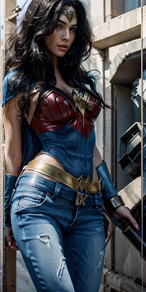 The character Wonder Woman in denim style, extremely beautiful body, extremely black hair, perfect brilliant blue eyes 