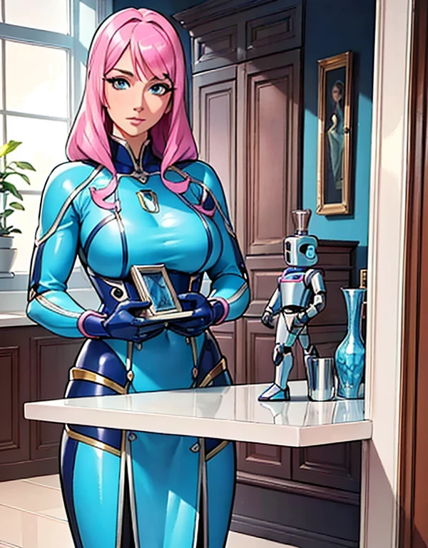 (robot housewife),(display case),(pink dreslonde hair),(blue eyes),(plastic skin),(best quality,4k,8k,highres,masterpiece:1.2),ultra-detailed,(realistic,photorealistic,photo-realistic:1.37),portraits,(vibrant colors,colorful:1.1),(soft lighting),(silverware),(spotless kitchen),(beautifully decorated room),(elegant surroundingig windows),(tidy and organized),(comfortable living space),(tastefully designed),(stunning artwork),glass showcase),(precious collectibles),(interesting artifacts),(showcasing treasures),(spotlight),(meticulously arranged),(enticing arrangement), (robot parts)