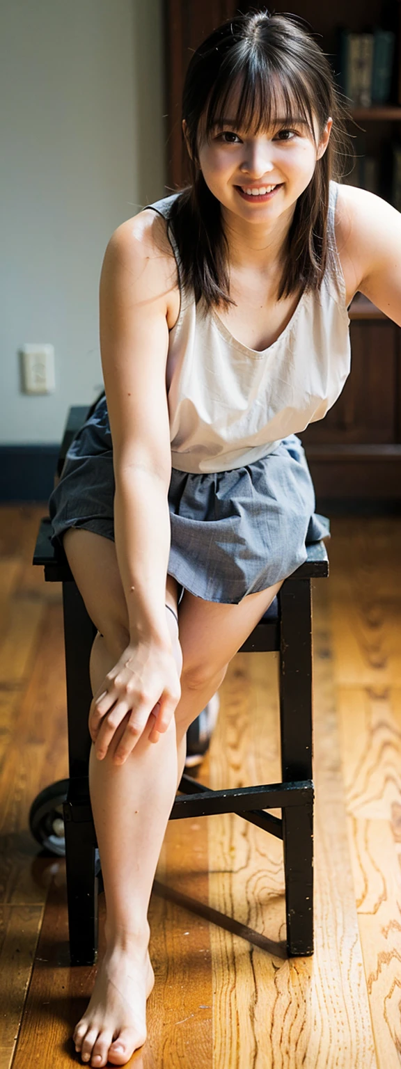 Open shirt, (((Leaning forward))), ((,Round face, Around ,mini skirt、loose tank top)), Long Hair, , Natural Makeup, Lips become thicker, Sexy Gaze, barefoot, ((Raise one leg)), Shooting from below,Gentle expression ,((Extremely precise and accurate anatomy)), (masterpiece:1.43), Perfect proportions, Realistic photos, Full Shot, whole body, (height: 165cm),