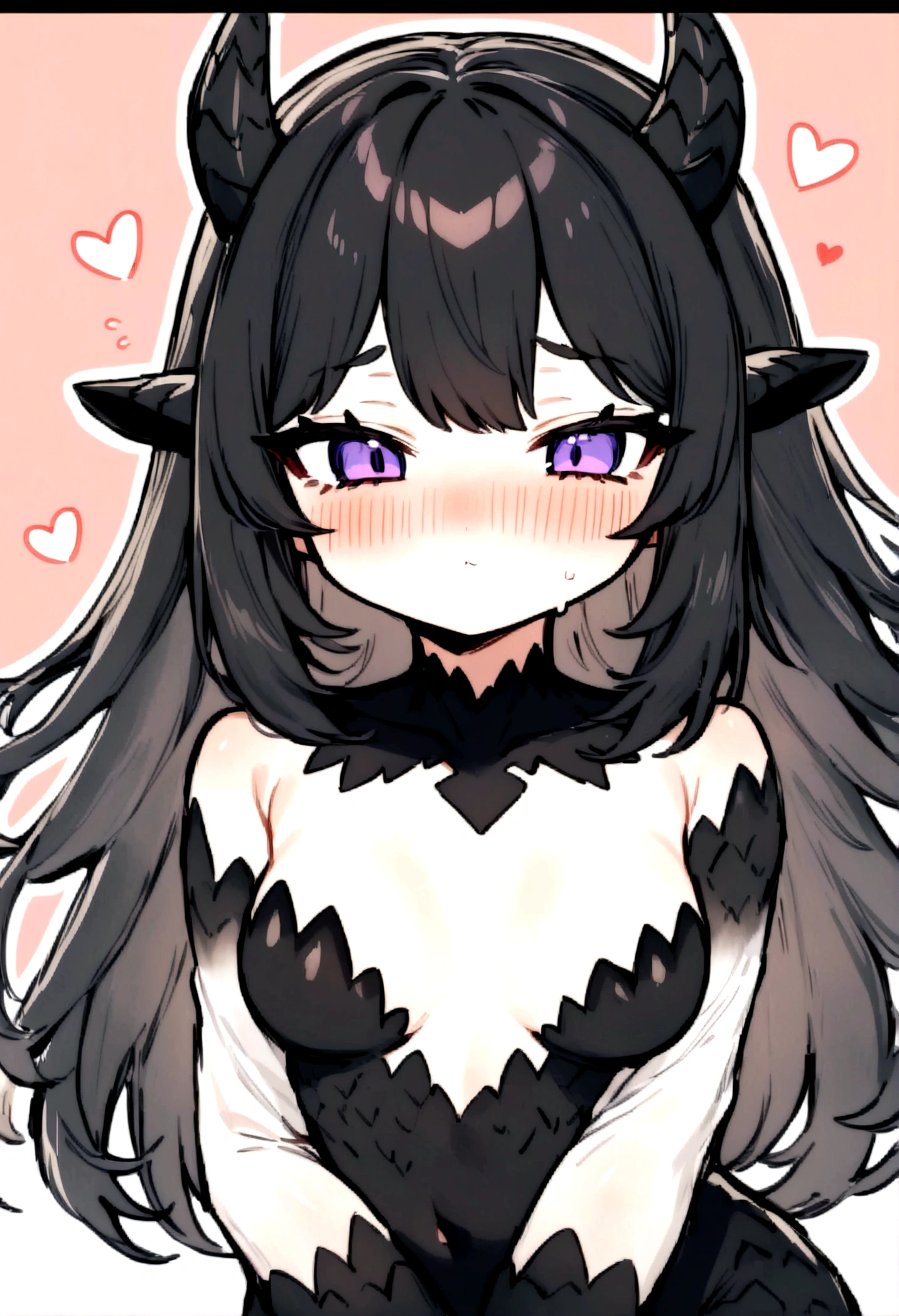 monster girl, black scales, short horns, blackquality hair, Super cute, blushed, half human half dinosaur girl