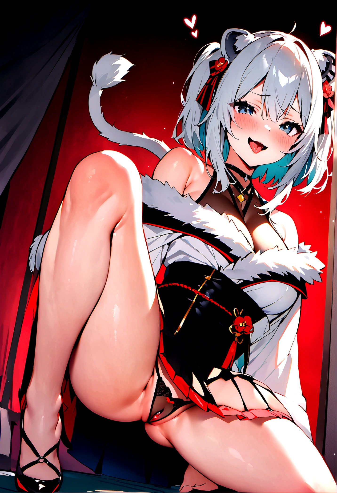 NSFW,masterpiece,Highest quality,High resolution,Super detailed,Shishirabotan\(Hololive\),Double Odango、flower、Side Lock、Lion's tail、White kimono、Off the shoulder、fur ornament、Black Hakama、Short skirt,Bad smile,blush,Estrus,Excited,Prostitute,(Red light district),Japanese-style room,Sexy pose,(Seduce),Crouching,Leg spread,heart,Sticking out tongue,High quality open crotch panties