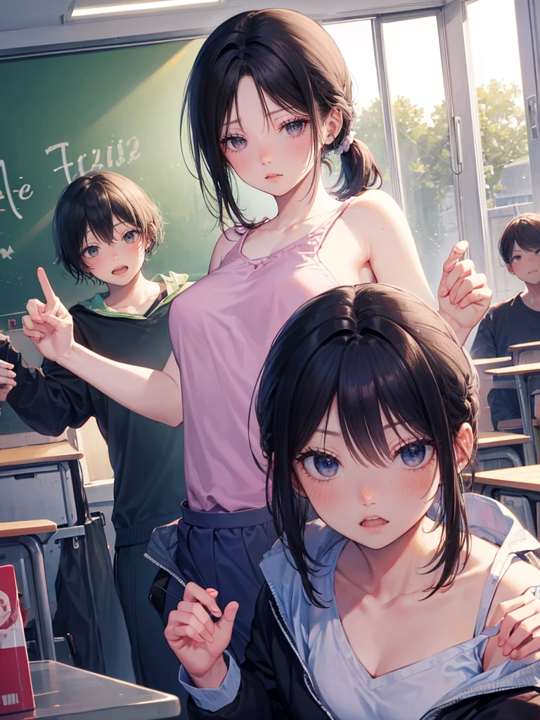 Random pose、Black Hair、Small breasts、Black Hair、Short Ponytail、Random pose、Pale purple eyes、、classroom、Blushing、Embarrassed expression、、
